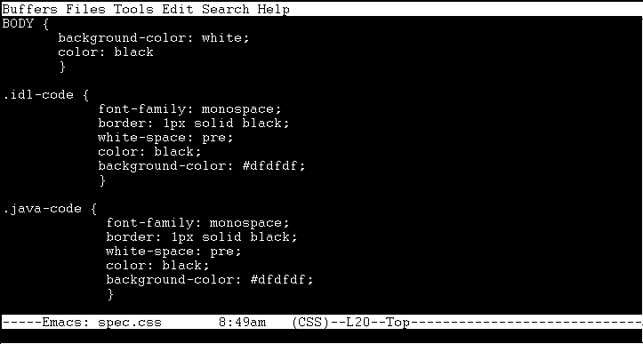 An Emacs session with the css-mode
