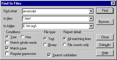 Textpad's Find in Files dialog box