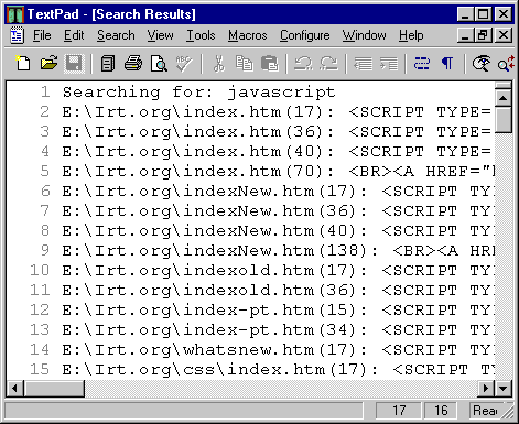 Textpad's Search Results Window